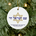 Ben Yisrael Chai goudblauw Hebreeuws gepersonalise Keramisch Ornament<br><div class="desc">Ben Yisrael Chai Hebreeuwse tekst met blauw gepersonaliseerde aangepaste tekst en faux gouden ster van David aan de ene kant van het ornament. De Israëlische vlag staat aan de andere kant van ornament. Verkrijgbaar in vele vormen en materialen. Am Yisrael Chai, Het volk van Israël leeft, de natie van Israël...</div>