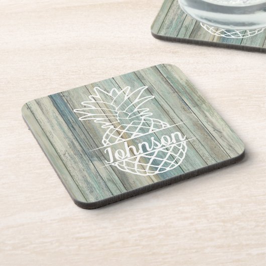 Benaming anananas op Rustic Wood Coastal Beach Bier Onderzetter (Linkerzijde)