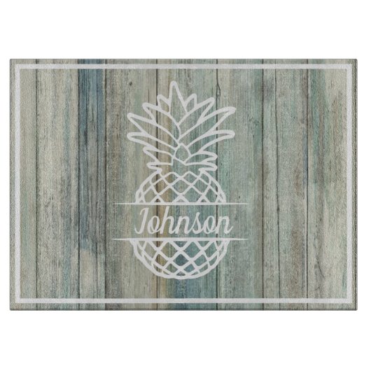 Benaming anananas op Rustic Wood Coastal Beach Snijplank (Voorkant)