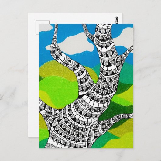 Bendy Tree Design Clouds Grassy Landscape Briefkaart (Voorkant / Achterkant)