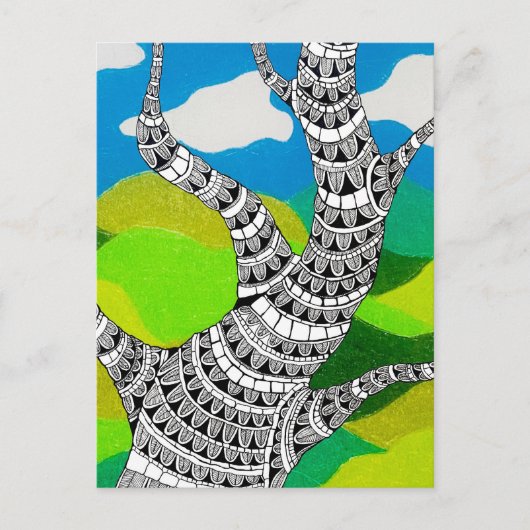 Bendy Tree Design Clouds Grassy Landscape Briefkaart (Voorkant)