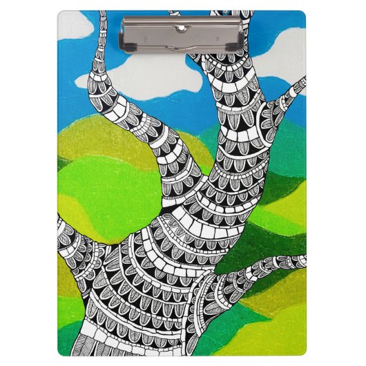 Bendy Tree Design Clouds Grassy Landscape Klembord (Voorkant)