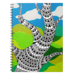 Bendy Tree Design Clouds Grassy Landscape Notitieboek