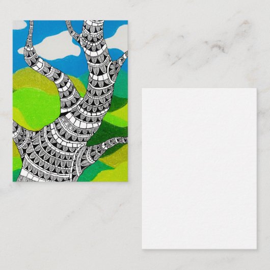 Bendy Tree Design Clouds Grassy Landscape Notitiekaartje (Voorkant / Achterkant)