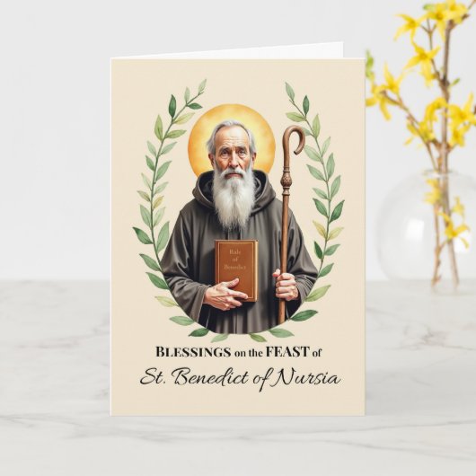 Benedictus van Nursia Feest Dag Bladkrans Kaart (Gele Bloem)