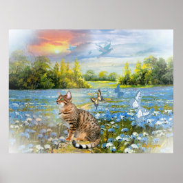 Bengaal in bed van blauwe bloemen Afdrukken Poster