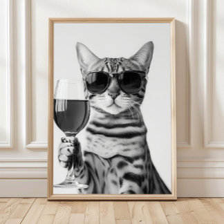 Bengaal Kat Drinkt Wijn Muurkunst, Zwart en Wit Poster