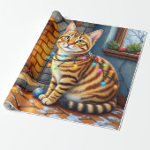 Bengaal Kat Haard met Kerstverlichting Cadeaupapier (Uitgerold)
