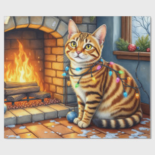 Bengaal Kat Haard met Kerstverlichting Cadeaupapier
