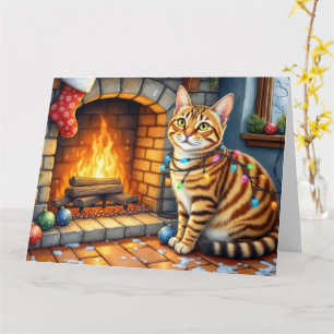 Bengaal Kat Haard met Kerstverlichting Kaart