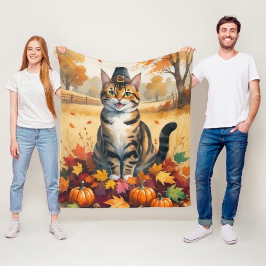 Bengaal Kat in Herfstbladeren Thanksgiving Kunst Fleece Deken (In situ)
