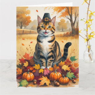 Bengaal Kat in Herfstbladeren Thanksgiving Kunst Kaart