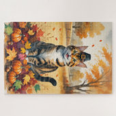 Bengaal Kat in Herfstbladeren Thanksgiving Kunst Legpuzzel (Horizontaal)