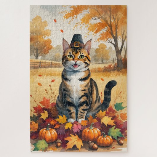 Bengaal Kat in Herfstbladeren Thanksgiving Kunst Legpuzzel (Verticaal)