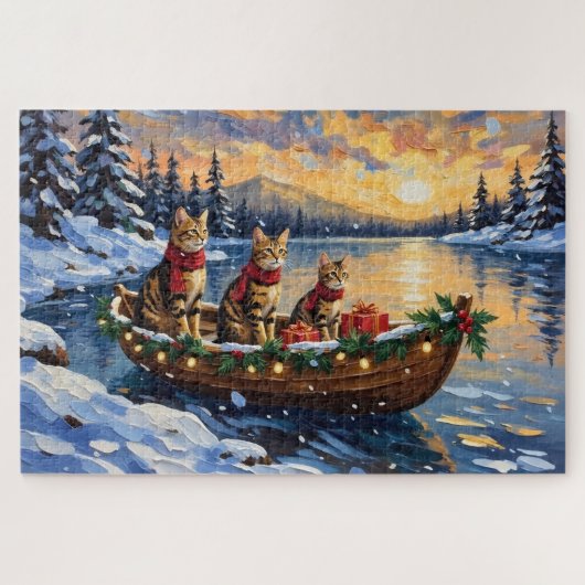 Bengaal Kat Kerstboot Vakantie Legpuzzel (Horizontaal)