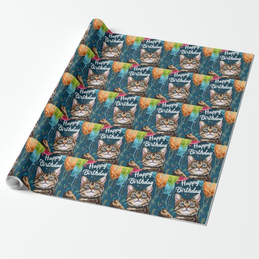 Bengaal Kat met Ballonnen Cadeaupapier (Uitgerold)