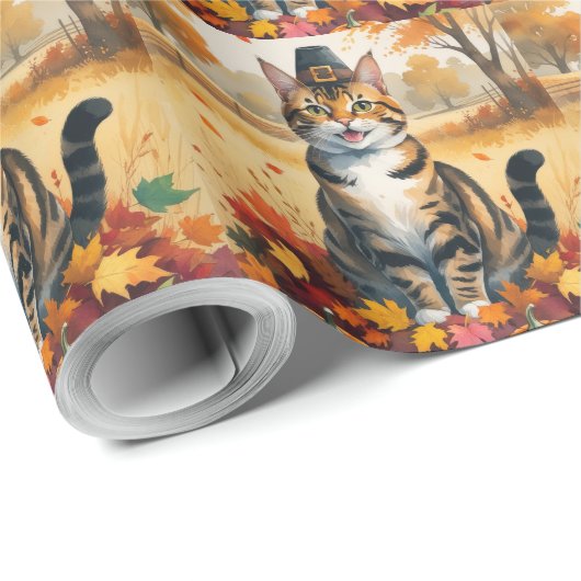 Bengaalse kat in de herfst verlaat de Thanksgiving Cadeaupapier (Rol Hoek)