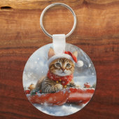 Bengaalse Kat in Slede Laat het Sneeuwen Kerstmis Sleutelhanger (Voorkant)