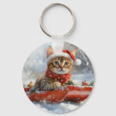 Bengaalse Kat in Slede Laat het Sneeuwen Kerstmis Sleutelhanger (Achterkant)