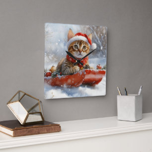 Bengaalse Kat in Slede Laat het Sneeuwen Kerstmis Vierkante Klok