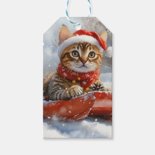 Bengaalse kat in slee laat het sneeuwen Kerstmis Cadeaulabel (Voorkant)