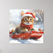 Bengaalse kat in slee laat het sneeuwen Kerstmis Canvas Afdruk (Voorkant)