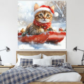 Bengaalse kat in slee laat het sneeuwen Kerstmis Canvas Afdruk (Insitu (Slaapkamer))