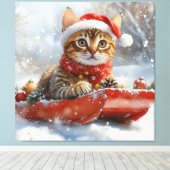 Bengaalse kat in slee laat het sneeuwen Kerstmis Canvas Afdruk (Insitu (Houten vloer))