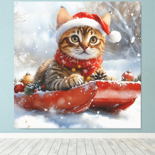Bengaalse kat in slee laat het sneeuwen Kerstmis Canvas Afdruk (Insitu (Houten vloer))