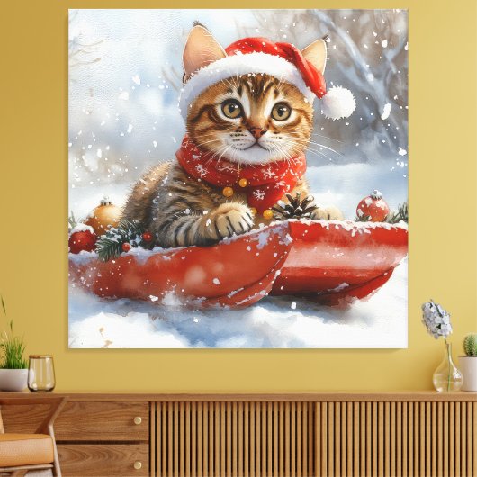 Bengaalse kat in slee laat het sneeuwen Kerstmis Canvas Afdruk (Insitu (Woonkamer))