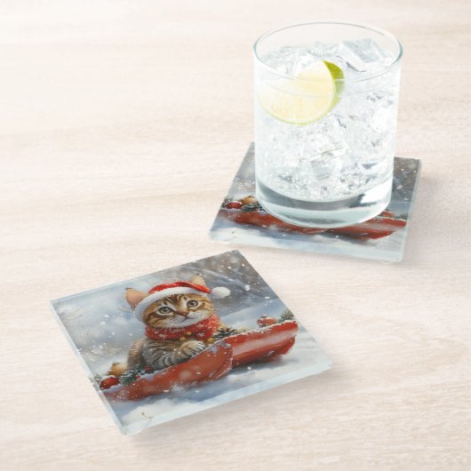 Bengaalse kat in slee laat het sneeuwen Kerstmis Glazen Onderzetter (Schuin)