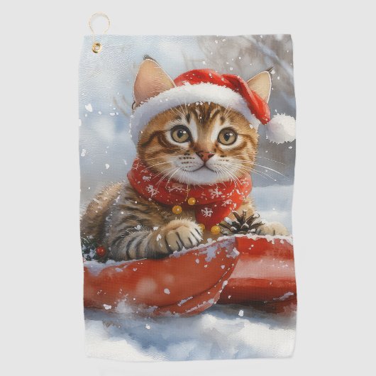 Bengaalse kat in slee laat het sneeuwen Kerstmis Golfhanddoek (Voorkant)