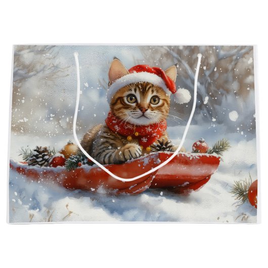 Bengaalse kat in slee laat het sneeuwen Kerstmis Groot Cadeauzakje (Voorkant)