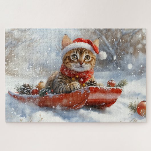 Bengaalse kat in slee laat het sneeuwen Kerstmis Legpuzzel (Horizontaal)