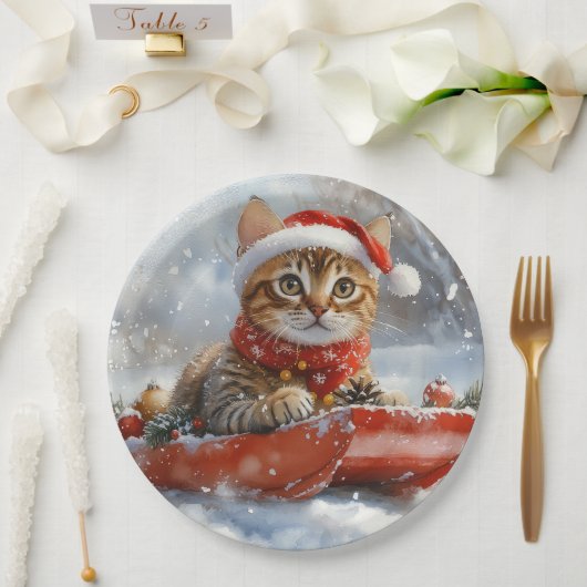 Bengaalse kat in slee laat het sneeuwen Kerstmis Papieren Bordje (Huwelijk)