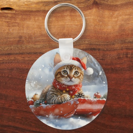 Bengaalse kat in slee laat het sneeuwen Kerstmis Sleutelhanger (Voorkant)
