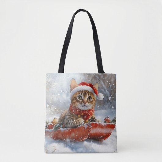 Bengaalse kat in slee laat het sneeuwen Kerstmis Tote Bag (Voorkant)