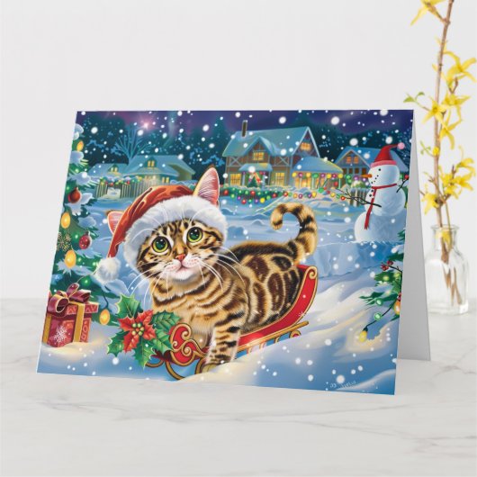 Bengaalse kat in Sleigh Snow Kerstmis Kaart (Gele Bloem)