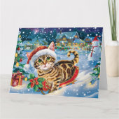 Bengaalse kat in Sleigh Snow Kerstmis Kaart (Voorkant)