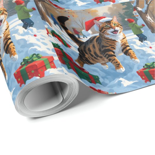 Bengaalse kat Kerstmis feestelijke sneeuw scene Cadeaupapier (Rol Hoek)