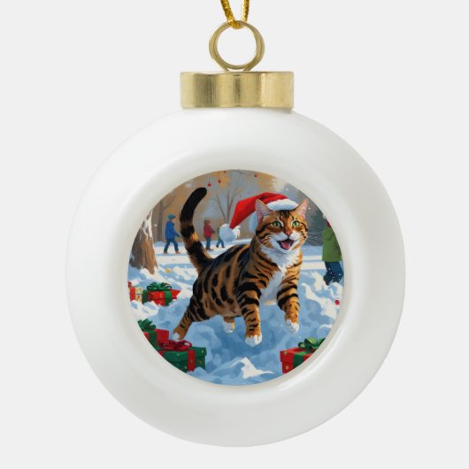 Bengaalse kat Kerstmis feestelijke sneeuw scene Keramische Bal Ornament (Voorkant)