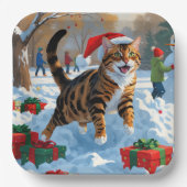 Bengaalse kat Kerstmis feestelijke sneeuw scene Papieren Bordje (Voorkant)
