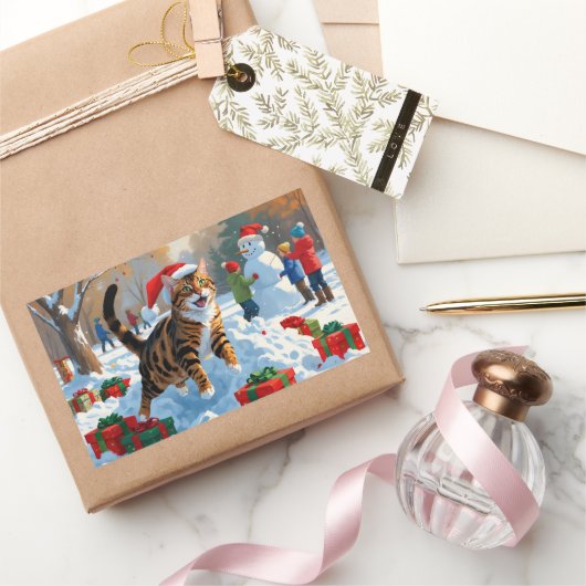 Bengaalse kat Kerstmis feestelijke sneeuw scene Rechthoekige Sticker (Geschenken)