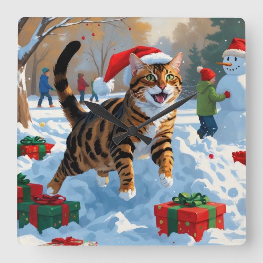 Bengaalse kat Kerstmis feestelijke sneeuw scene Vierkante Klok (Voorkant)