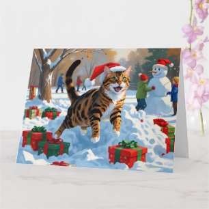 Bengaalse Kat Kerstmis Festieve Sneeuw Scene Kaart