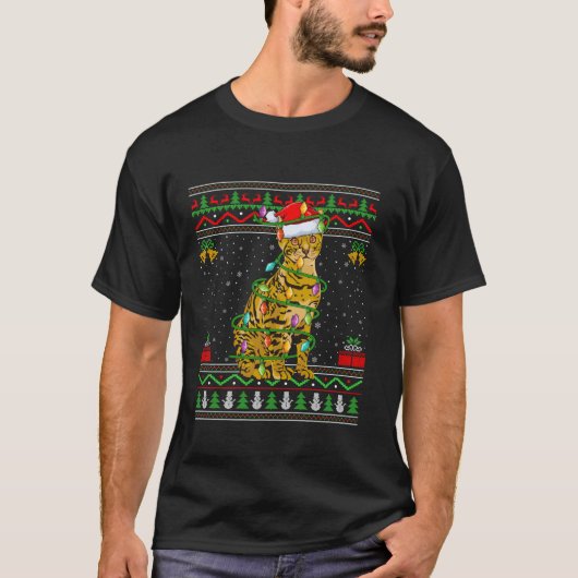 Bengaalse Kat Kerstverlichting Santa Ugly Sweater T-shirt (Voorkant)