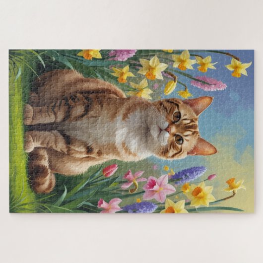 Bengaalse kat lente bloemen schilderen legpuzzel (Horizontaal)