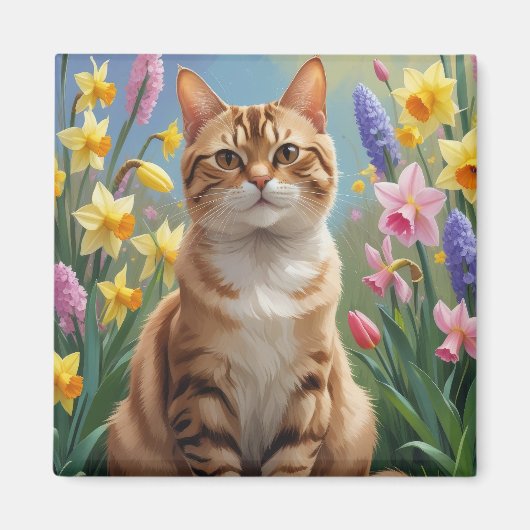 Bengaalse kat lente bloemen schilderen magneet (Voorkant)