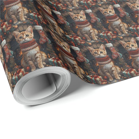 Bengaalse kat met kerstcadeaus open haard cadeaupapier (Rol Hoek)