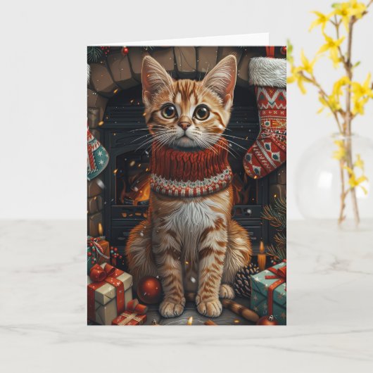 Bengaalse kat met kerstcadeaus open haard kaart (Gele Bloem)